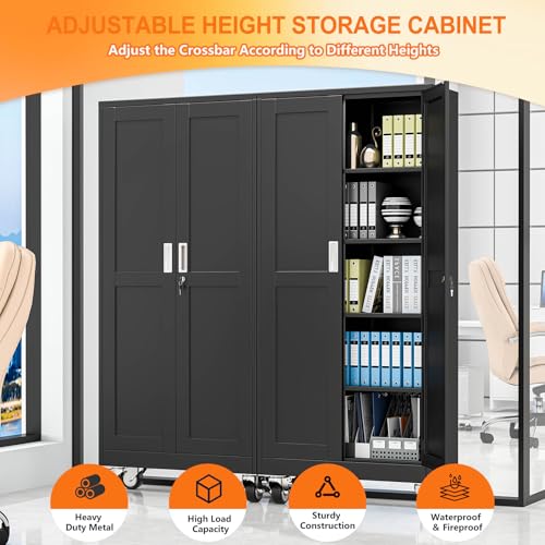 pozdeg 71" Black Lockable Rolling Metal Garage Storage Cabinet - color: Black, size: 14.96"D x 29.92"W x 71"H