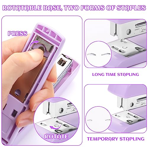 Purple Desk Accessory Kit Cute Office Supplies Set Desktop Stapler Set Includes Staple Remover Hole Punch Tape Dispenser Ballpoint Pen Scissor Mini Box Cutter Tape Measure Paper Clips Sticky Notes - color: Purple