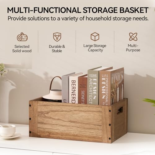 KIRIGEN Stackable Wood Storage Cube with Handles, Open Cubby Bin, Brown - color: Dark Brown, size: M/14.2*9.1*6(C15)