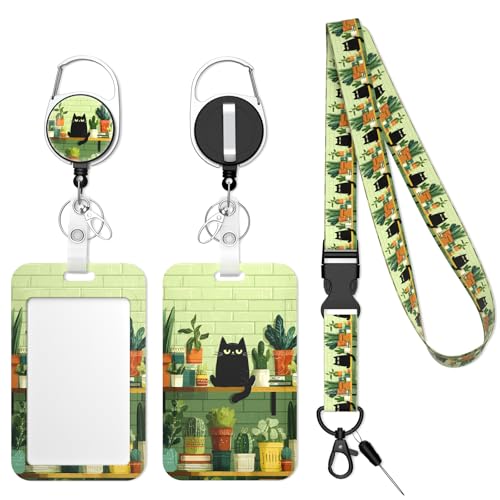 Retractable Badge Holder with Detachable Lanyard, Cat and Plant - color: Cat and Plant