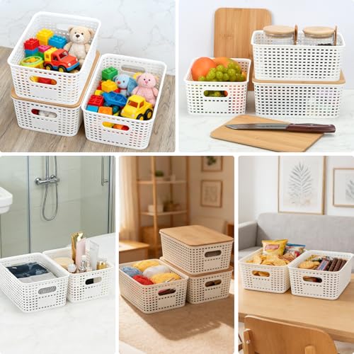 Stackable Storage Bins with Bamboo Lids, 6-Pack, BPA-Free Plastic, 5.1 Qt Capacity, Side Handle, 10x7.2x4.13 Inch, for Home Organization