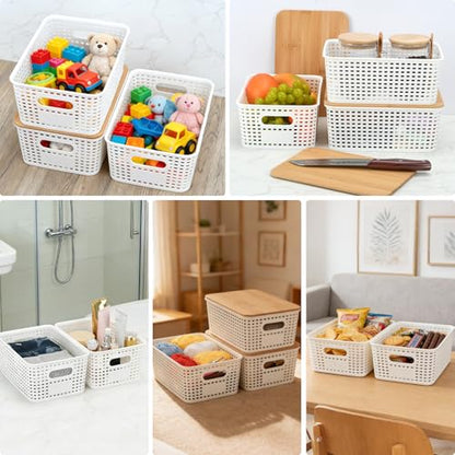 Stackable Storage Bins with Bamboo Lids, 6-Pack, BPA-Free Plastic, 5.1 Qt Capacity, Side Handle, 10x7.2x4.13 Inch, for Home Organization