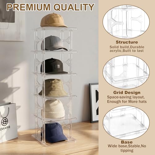 6 Tier Hat Organizer Box (Up to 18 Hats), Stackable Clear Hat Rack Display