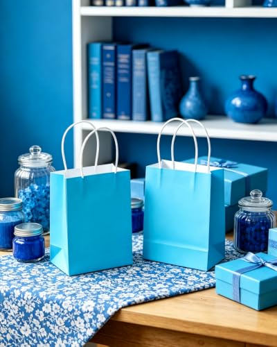 qiqee 24PCS Mini Gift Bag with Handles Bulk 4.5"x2.5"x6" Gift Bags Lake Blue Bags Multiple Uses - color: Lake Blue