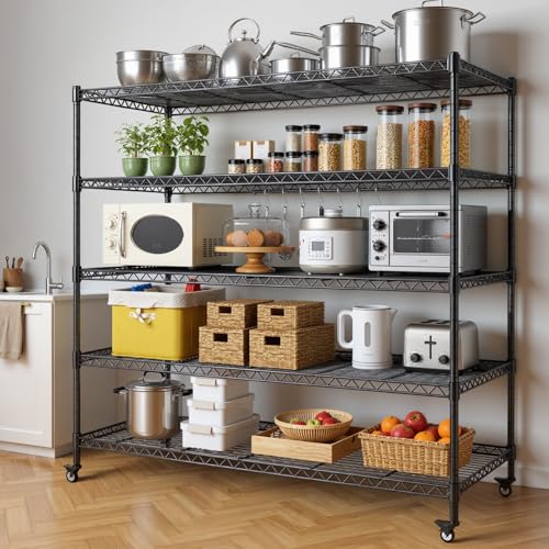 AIRAJ 5 Tier Wire Shelving | 46” W Rolling Wire Rack with Wheels | 3000 LBS Metal Shelving | Storage Shelves Heavy Duty | Garage Shelving Units and Storage | Adjustable Layer Height | 46”W×16”D×72”H - size: 46W