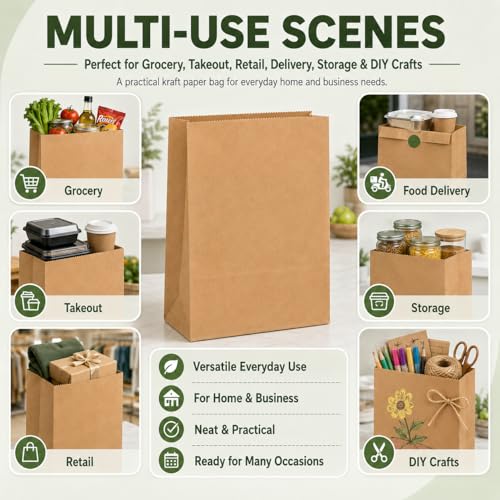 MESHA Paper Grocery Bags 12 x 7 x 17 Inches 100 Pack Bulk 60 Lbs Basis - size: 12"x7"x17" 100PACK