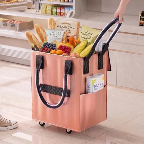 Reusable Grocery Bag on Wheel, Foldable Shopping Cart with Wheels, Can Carry up to 88 Pounds, Suitable for Groceries, Laundry, Camping and Moving. - color: Rose Gold - Medium