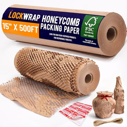 Honeycomb Packing Paper For Moving 15" x 500ft With Rope & Fragile Stickers - size: 15" x 500ft