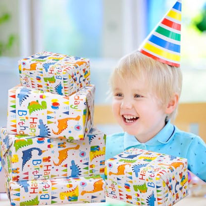 Dinosaur Happy Birthday Gift Wrapping Paper Boy Roll - 17 inch X 50 Feet - color: Dinosaur