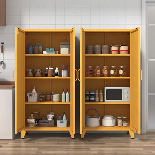 61" Tall Yellow Farmhouse Metal Kitchen Pantry Cabinet, Lockable Freestanding Storage Cabinet with 2 X-Shape Metal Doors & 3 Adjustable Shelves, Cupboard with Legs for Home, Bedroom, Garage, Office - color: Mustard, style: Pantry-61"H-DH