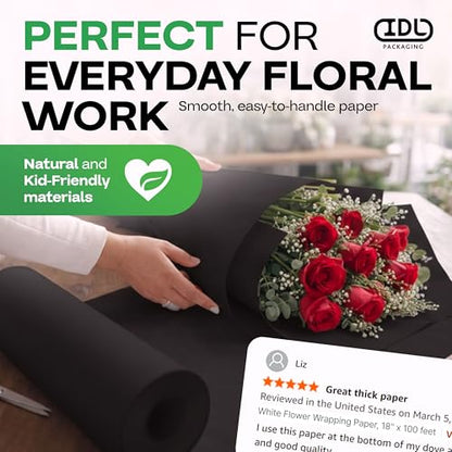 IDL Packaging Black Flower Wrapping Paper, 18"x1200" (100 feet) - USA-Made Premium 50lb Thick Bouquet Wrapping Paper - Elegant Flower Wrap Roll for Weddings, Ceremonies & Special Events - color: Black, size: 18" X 100 Feet
