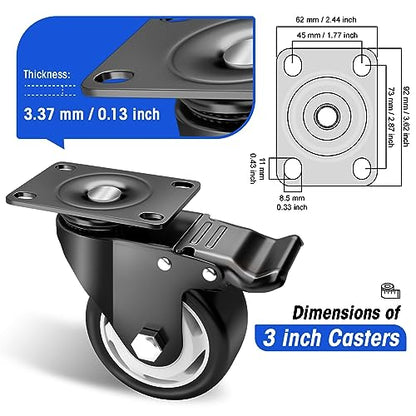 Caster Wheels-3 Inch Swivel Casters Set of 4 Heavy Duty with Brake - color: Black, size: 3"16pack Black