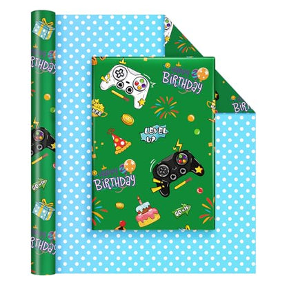 WERNNSAI Gaming Wrapping Paper Roll - 33 ft Birthday Reversible Wrap Paper - color: Game B