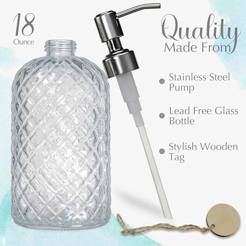 JASAI 18Oz Gem Patterned Clear Glass Soap Dispenser with Rust Proof Pump - color: Clear