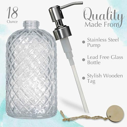JASAI 18Oz Gem Patterned Clear Glass Soap Dispenser with Rust Proof Pump - color: Clear