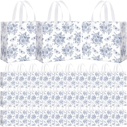Abbylike 30 Pcs Blue Floral Gift Bags Reusable Large Tote with Handle - style: Blue Flower