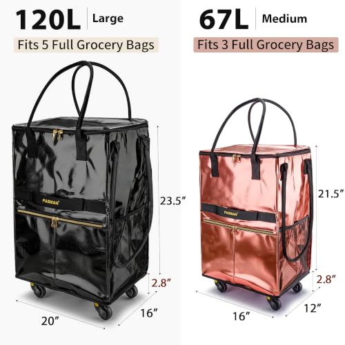 PASMAN Reusable Foldable Rolling Grocery Bag on 5 Wheels,Medium, Silver - color: Silver, size: Medium