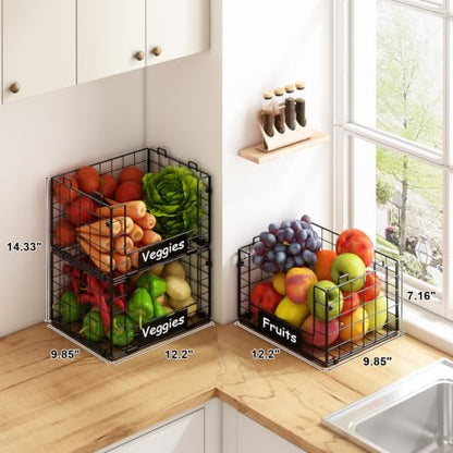 3 Pack XL Stackable Wire Baskets with Handle, Pantry Organizers and Storage - size: XL-12.2"x9.85"x21.5"