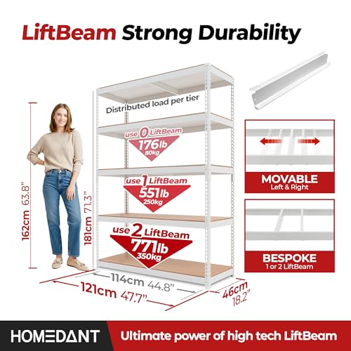 HOMEDANT White 47.7" W 5 Tier Storage Shelves Garage Shelving Unit Metal - color: White, size: 47.7"W x 18.2"D