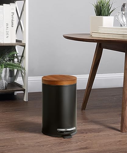 SunnyPoint Elite Bamboo Lid 4.5 Liter / 1.2 Gallon Round Trash Can with Plastic Inner Bucket; Bathroom, Office, Kitchen and Bedroom Step On and Slow Close (Black) - color: BLACK