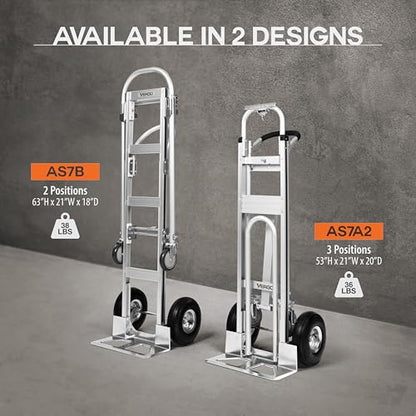 Vergo Industrial Convertible Hand Truck - AS7A2 Heavy Duty Aluminum 3 in 1 Dolly (750 lb Capacity) Lightweight Frame, Ergonomic Handle, Extendable Loop, Versatile Moving Dolly (3 Positions, 53" High) - size: 3 Positions, 53" High