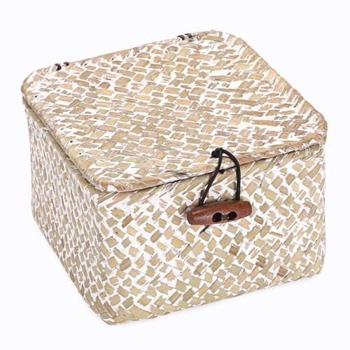 Hipiwe Handwoen Seagrass Basket with Lid Mini Woven Wicker Box,3.5"x3.5"x2" - color: Whitewash color, size: 3.5" x 3.5" x 2"