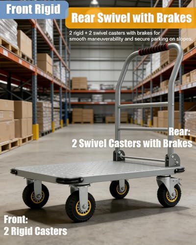 Heavy Duty 1800LBS Steel Platform Cart – 36"x24" Collapsible Flatbed Utility Dolly, 6" Lockable Swivel Wheels, Hand Truck for Warehouse, Garage, Moving - color: Sliver-1800lbs