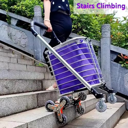 Foldable Stairs Climbing Shopping Cart with Waterproof Basket Liner，Aluminium Alloy Lightweight Collapsible Grocery Dolly Cart，Portable Rolling Utility Trolley，49L