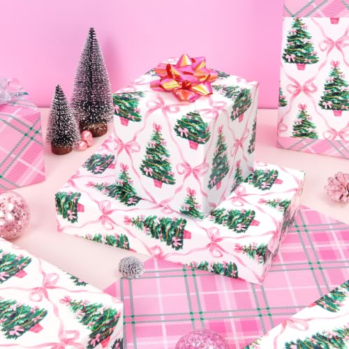 WERNNSAI Pink Christmas Wrapping Paper 17 In x 33 Ft Xmas Tree Gift Wrap - color: Christmas Pink Bow