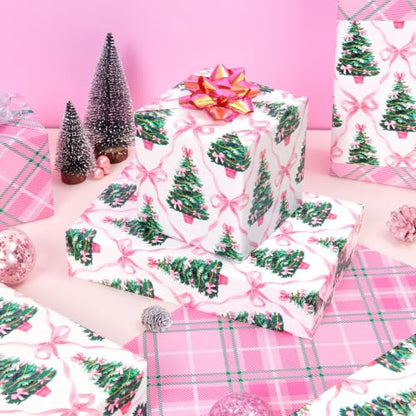 WERNNSAI Pink Christmas Wrapping Paper 17 In x 33 Ft Xmas Tree Gift Wrap - color: Christmas Pink Bow