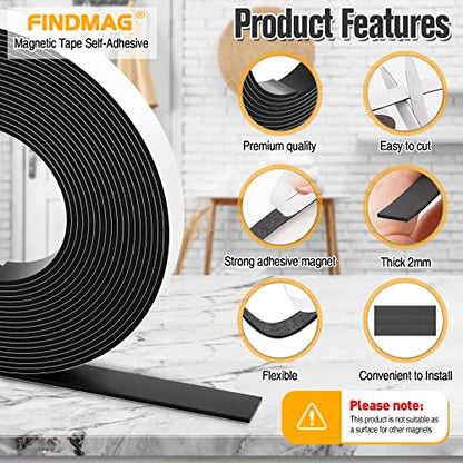 FINDMAG Magnetic Tape, Magnetic Strips with Adhesive Backing, 1 Roll 30 Feet Magnet Tape Perfect for Craft and DIY Projects, Whiteboards & Fridge (0.08" Thick 1/2" Wide)