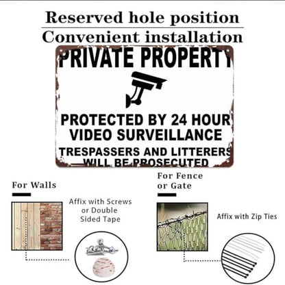 Private Property Protected By 24 Hour Video Surveillance Metal Sign 8x12 Inch, Funny Aluminum Wall Decor for Home Garden Farm Yard Warehouse Office Front Door Gate Wall Decor