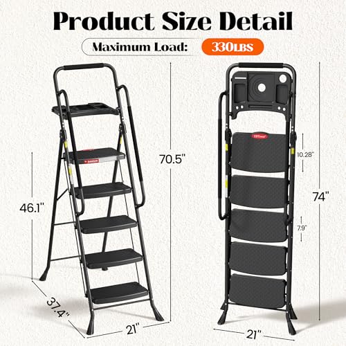 HBTower 5 Step Ladder, Folding Step Ladder with Handrails & Tool Tray