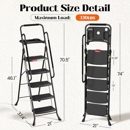 HBTower 5 Step Ladder, Folding Step Ladder with Handrails & Tool Tray