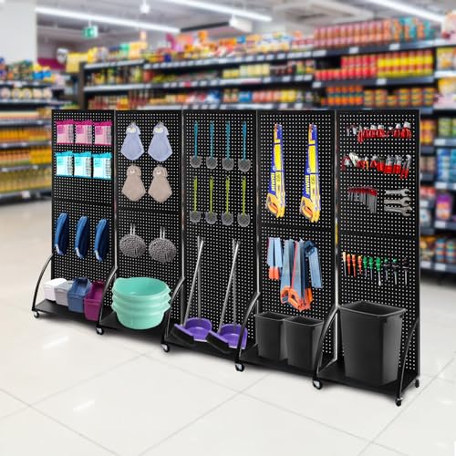 NectaCol 2'x 6' Metal Pegboard Display Stand with a Plate, Peg Board Panels, Standing Pegboard Display, Craft Fair Display Rack, Art Display Stand, Extra 10 pieces Hooks-Black - color: 1 Pack Black