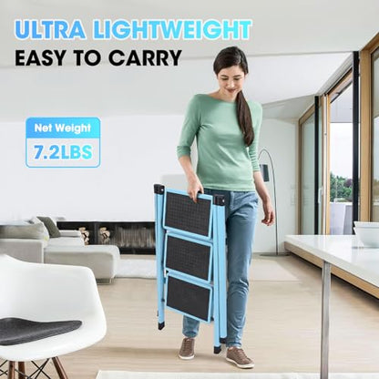3 Step Ladder, Folding Step Stool for Adults, Lightweight Aluminum Step Ladder, Portable 330 LBS Capacity Ladders for Home Kitchen Library Office, Small Step Stools with Anti-Slip Wide Pedals, Blue