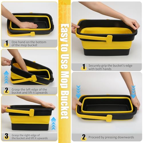 Collapsible Mop Bucket for Cleaning with Handle, Square Foldable Bucket - color: Grey Yellow