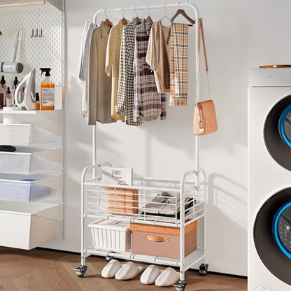 SUOERNUO Laundry Cart with Basket Hanging Rack Sorter with Wheels Shelf - color: White