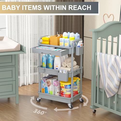 Goovilla 3 Tier Rolling Utility Cart Organizer with Removable Drawer, Grey - size: 3 Tier, style: Gray