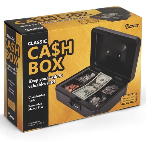 Darice Cash Box - Large Money Safe - Black Stainless Steel - Mechanical Key Lock - Removable Money Tray - Handle (7" x 9.7" x 3.5") - size: Large
