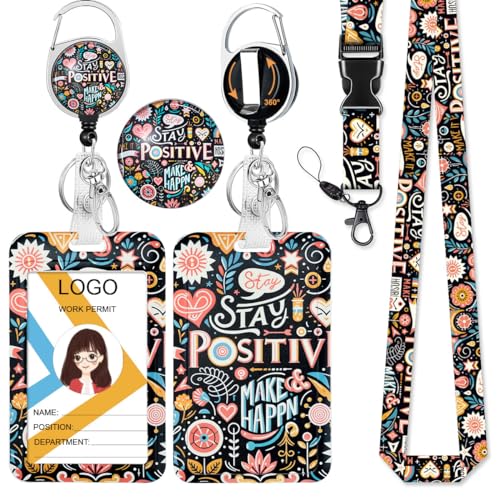 Inspirational ID Badge Holder with Lanyard and Retractable Badge Reel - color: Stay Positive