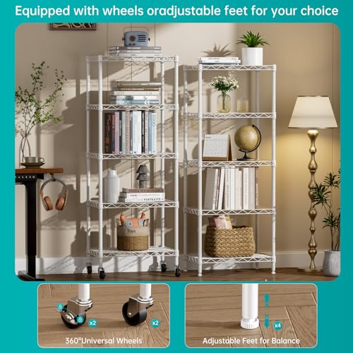 SINGAYE 5 Shelves Storage Shelf Wire Shelving Unit Metal Adjustable Wheels - color: White, size: 5Tier/11.5"D X 17.5"W X 57"H