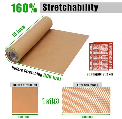 Honeycomb Packing Paper, 15"x300' Eco Friendly Packing Materials for Shipping Breakable Recyclable Moving Supplies Paper Bubble Wrap Sheets Roll with 20 Fragile Sticker Labels - size: 15"x300'