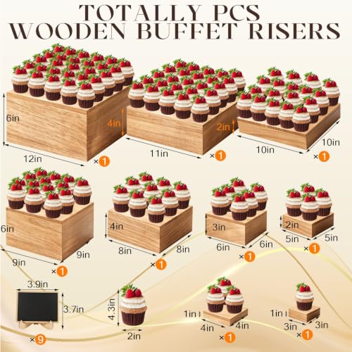 9 Pcs Extra Large 12" Wooden Buffet Risers Set with Mini Sign Food Risers for Buffet Table Multi Size Cake Display Stands for Party Wedding Dessert Jewelry Home Decor