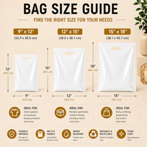 White Plastic Merchandise Bags, Die Cut Retail Shopping Bags for Small Business, Boutique & Store Packaging, 1.25 Mil, 9x12, 12x15, 15x18, Packs of 100, 200, 500 (100, 9x12) - size: 9x12