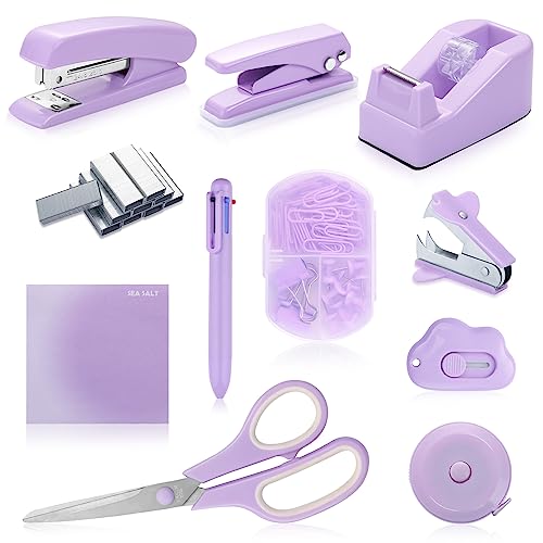 Purple Desk Accessory Kit Cute Office Supplies Set Desktop Stapler Set Includes Staple Remover Hole Punch Tape Dispenser Ballpoint Pen Scissor Mini Box Cutter Tape Measure Paper Clips Sticky Notes - color: Purple