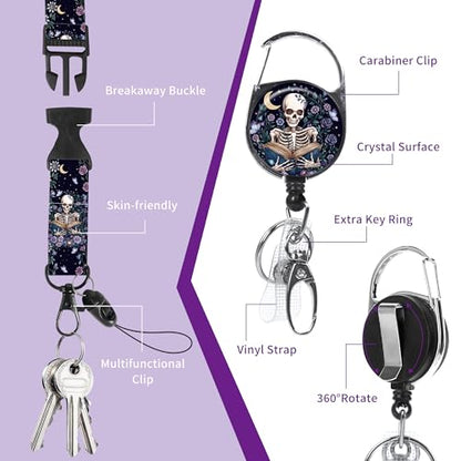 Skeleton Floral Lanyard with ID Badge Holder and Retractable Badge Reel - color: Skeleton Reading Floral