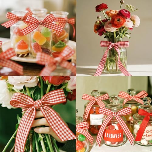 QingHan Red and White Gingham Ribbon: 5/8 Inch 25 Yards for Crafts Gift Wrapping - color: Red/White