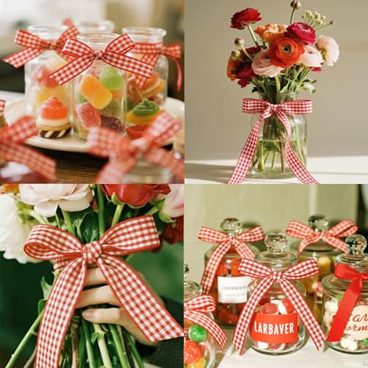 QingHan Red and White Gingham Ribbon: 5/8 Inch 25 Yards for Crafts Gift Wrapping - color: Red/White