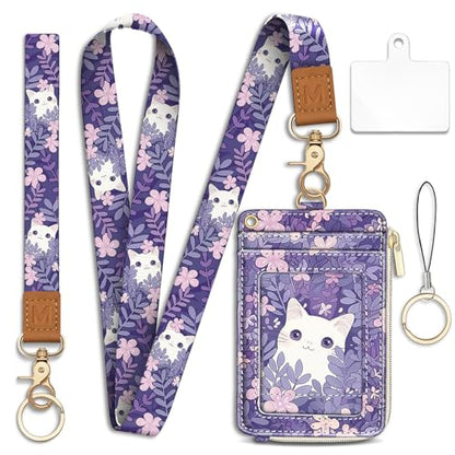Lanyard Wallet with Id Badge Holder Cat Keychain for Card Women - color: Cat White